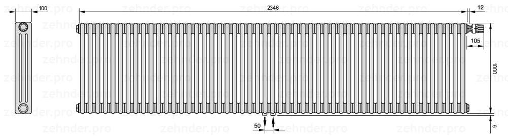 Схема (чертеж) Радиатор Zehnder Charleston 3100/51 №V008 Белый глянцевый RAL 9016
